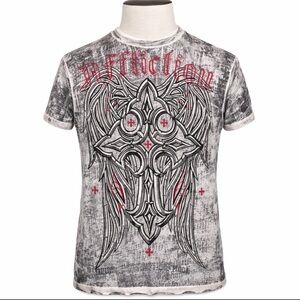 Affliction T-Shirt Live Fast Cross Distressed SS Gray Spirit Biker Sz 2XL USA